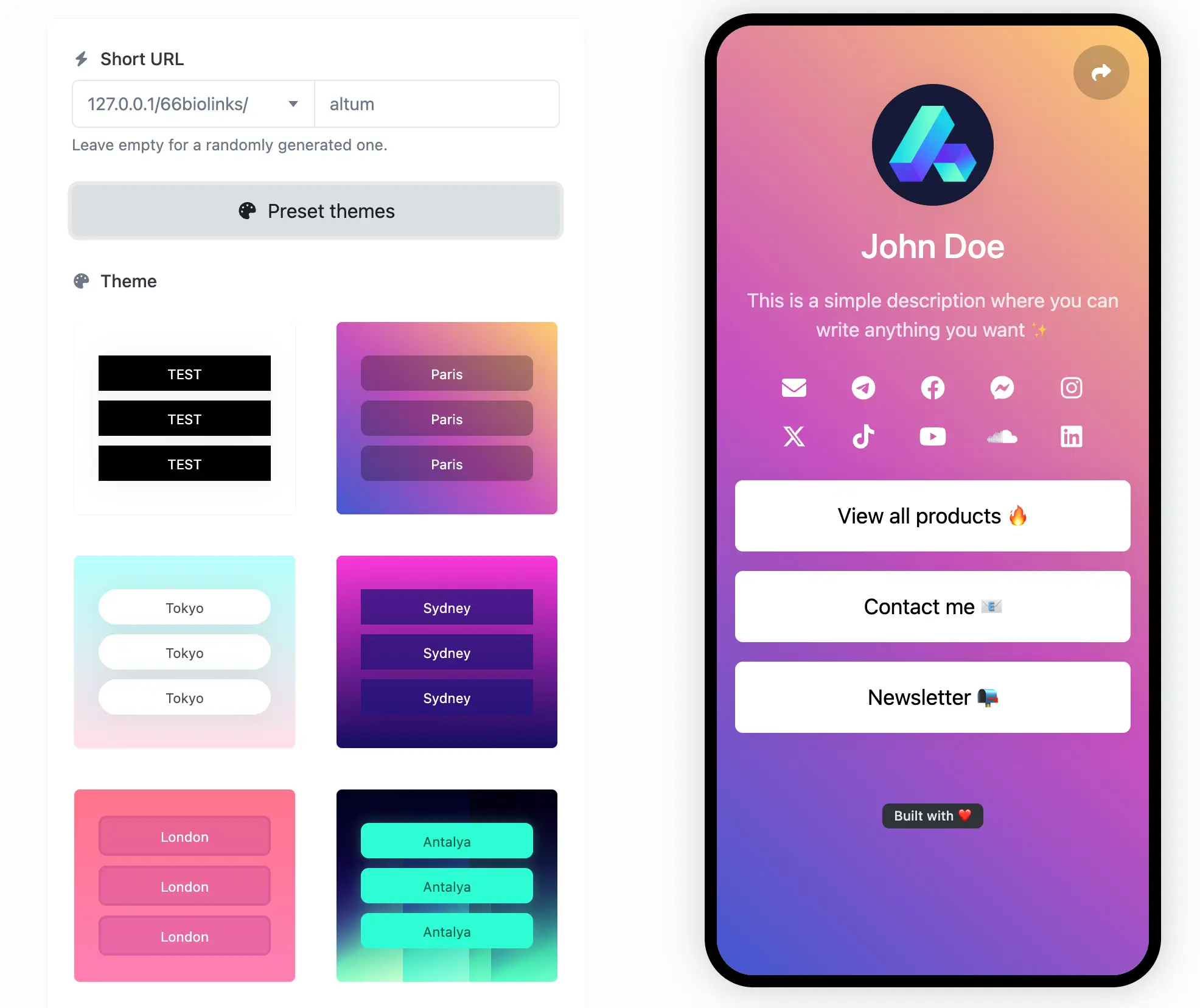 Captura de tela da página de edição de biolinks do app
